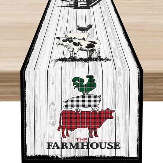 Farmhouse Pig Cow Table Runner, Rustic Black Rooster Animals Coffee Table Center Decor for Family Kitchen Dining Room and Living Room Outdoor Country Holiday Party Table Decorations, 13" X 36"