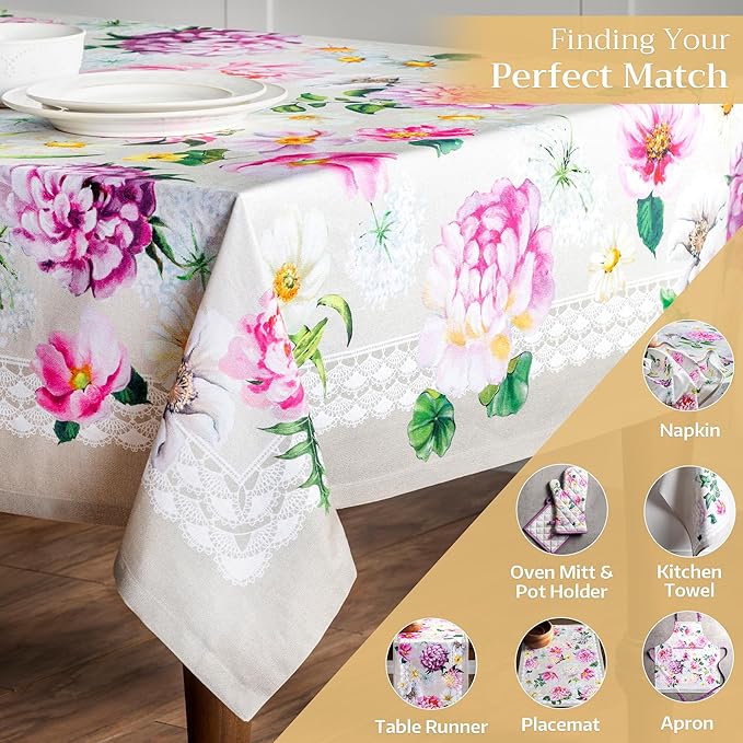 Maison d' Hermine Table Cloth Rectangle Table 100% Cotton 54 x 72 Inches Tablecloth Reusable Decorative Everyday Use for Dining Room, Farmhouse, Home, Party, Festive & Wedding Spring Summer - Pivoine