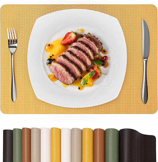 Faux Leather Placemats Set of 6 – 17x12 Inch Vinyl Table Mats, Heat Resistant, Non Slip, Wipeable & Washable, Easy to Clean Dining Table Decor for Kitchen & Dining Room（Golden Yellow）