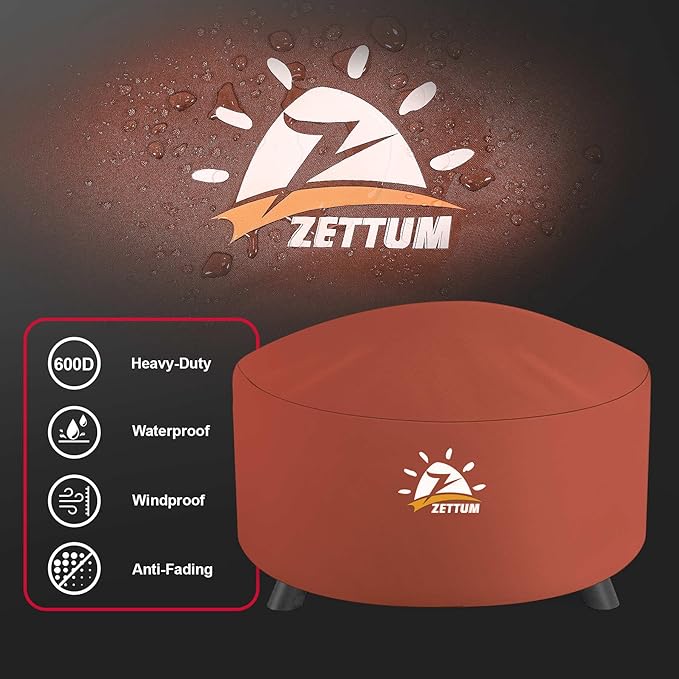 Zettum Fire Pit Cover Round 44 Inch - Outdoor Firepit Cover Heavy Duty & Waterproof, 600D Patio Fire Table Covers Gas Fire Pit Accessories Fade & Weather Resistant Brown - 44 x 44 x 24 Inch