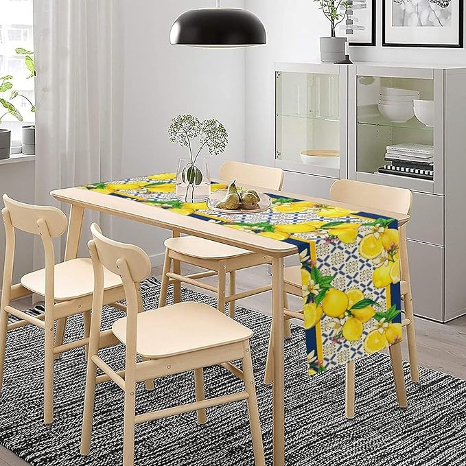Yellow Lemon Table Runner, Spring Summer Seasonal Blue Tiles Watercolor Lemon Table Runner for Farmhouse Kitchen Indoor Outdoor Party Decor, 13x108inch