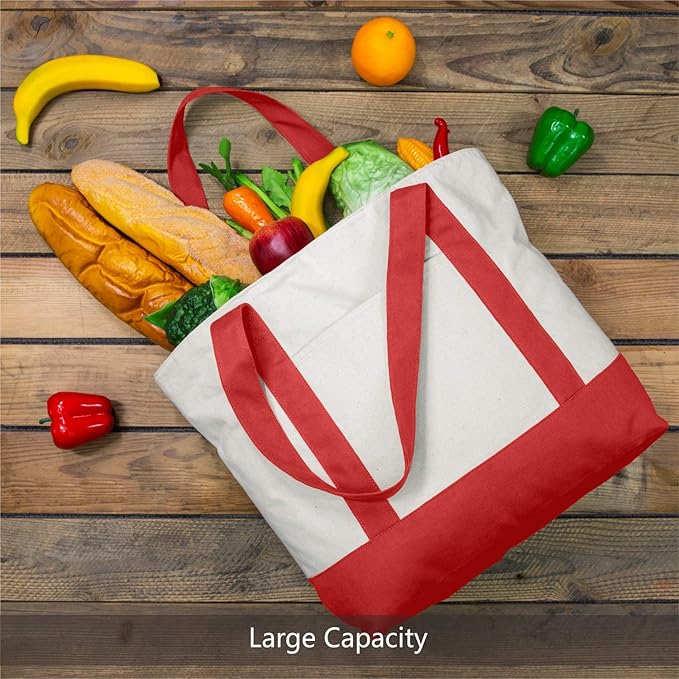 TOPDesign 1-Pack Canvas Tote Bag with an External Pocket, Reusable Grocery Shopping Bag, Top Zipper Closure, Daily Essentials (Red/Natural)