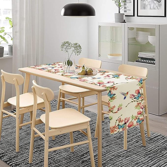Spring Flower Table Runner, Seasonal Rustic Garden Flowers Bird Butterfly Print Table Runner for Home Kitchen Table Decor, 13x70inch