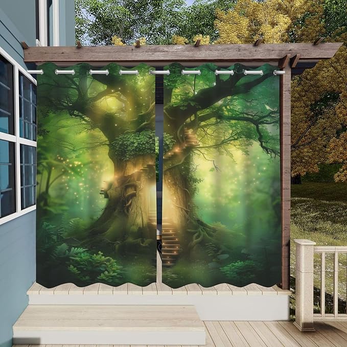 Fantasy Theme Waterproof Indoor/Outdoor Curtains,Forest Pattern,Waterproof, Privacy, Grommet Curtains for Patio, Pergola, Porch, Deck, Lanai, Cabana,2 Panel,W42 x L63,Green