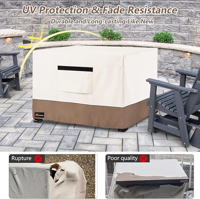 Fire Pit Cover Square, Outdoor Heavy Duty Durable 600D Tear-Resistant 100% Waterproof 42-44 Inch Fire Pit Cover, Patio Weatherproof Square Fire Table Protector, Beige 44" L x 44" W x 24" H