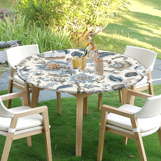 Vintage Floral Round Fitted Tablecloth with Elastic Blue Brown Chinoiserie Flower Circle Table Cloth for 36-40" Round Tables Wipeable Waterproof Elegant Rustic Table Cover for Dining Patio Picnic