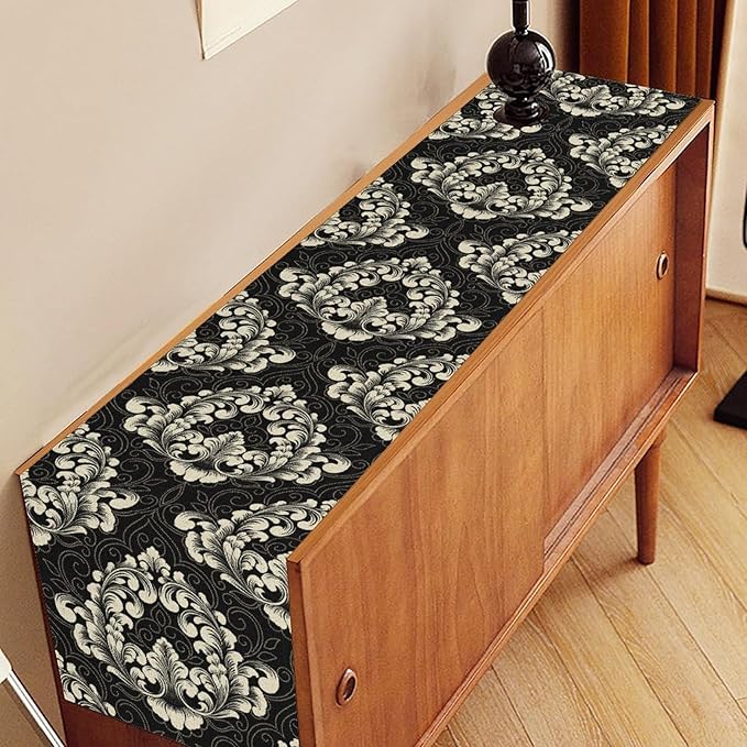 Gothic Table Runner, Retro Black Damask Baroque Style Floral Bohemian Exotic Coffee Vintage Table Center Decor for Kitchen and Dining Outdoor Home Country Party Table Decorations, 13"x36"