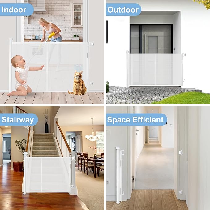 71 inches Extra Wide Retractable Baby Gate, 34 inches Tall Pet Gate for Stairs, Hallways, Kitchens, Safety Mesh Barrier for Kids and Dogs, Indoor Outdoor Use, White