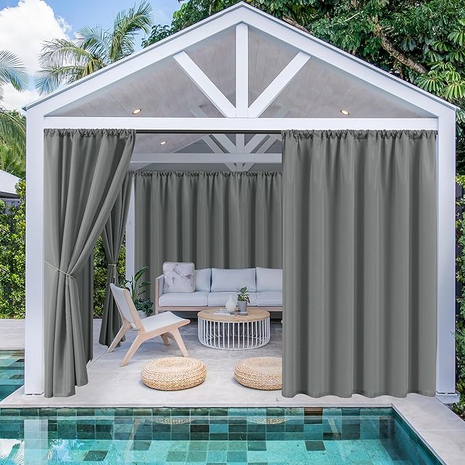 HolidayIdeas Outdoor Patio Curtains Waterproof with Rod Pocket 6 Panels 54x95 Inch- Protect Privacy Balcony Outdoor Curtains for Apartments,Porch, Gazebo, Pergola, Sliding Glass Door, Grey