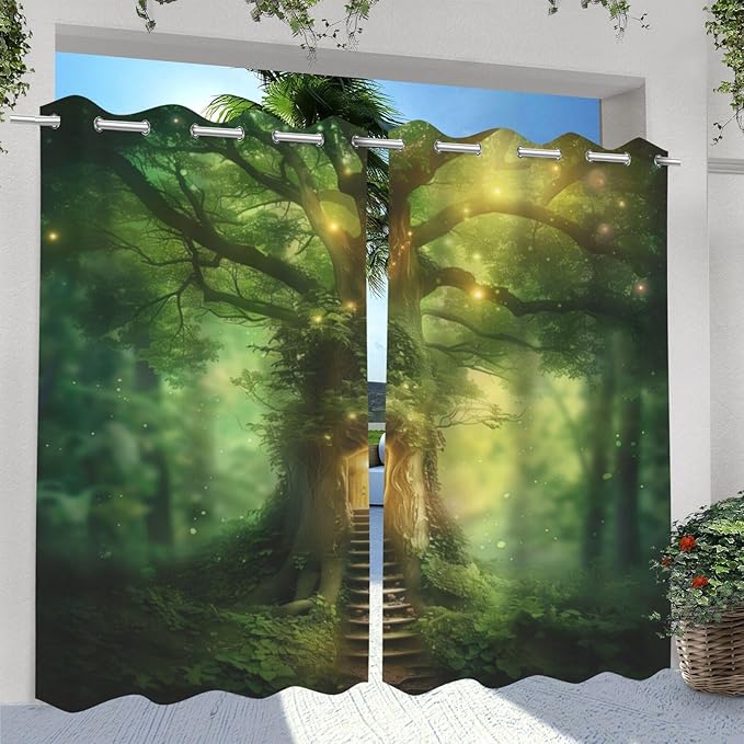 Fantasy Theme Waterproof Indoor/Outdoor Curtains,Forest Pattern,Light Filtering Curtains Outside Curtains for Porch, Gazebo, Pergola, Backyard,2 Panel,42 x 63 inch,Green