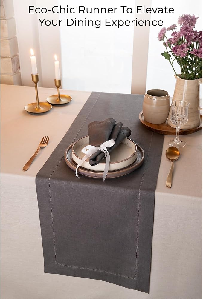 D'Moksha Homes Linen Charcoal Grey Table Runner 36 Inches - 100% Pure Linen Small Table Runner 14 x 36 Inch Ideal for Dresser, Coffee Tables, Spring, Easter - Classic Hemstitch