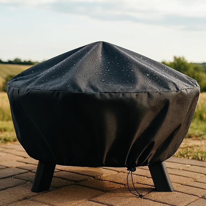 Sunnydaze Round Outdoor Fire Pit Cover - Heavy-Duty 300D Polyester and PVC with Drawstring Closure - Black - 48-Inch