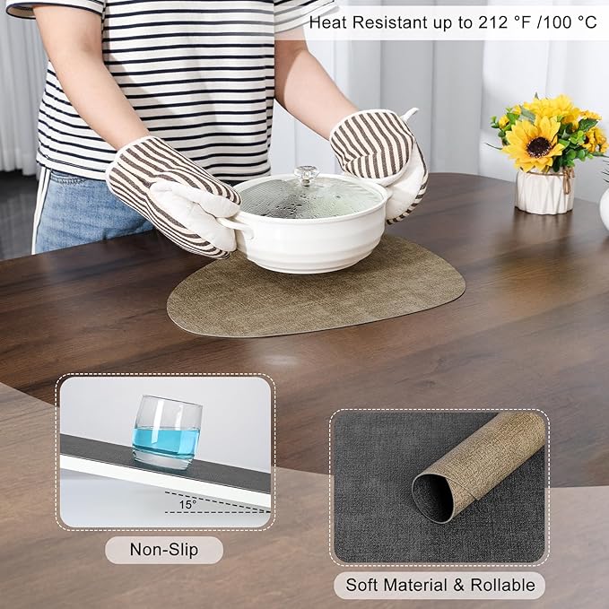Placemats and Coasters, Washable Reversible Placemats Round Faux Leather Wipeable Place Mats Non Slip Heat Resistant Indoor Outdoor Table Mats (Set of 6, Gray Beige)