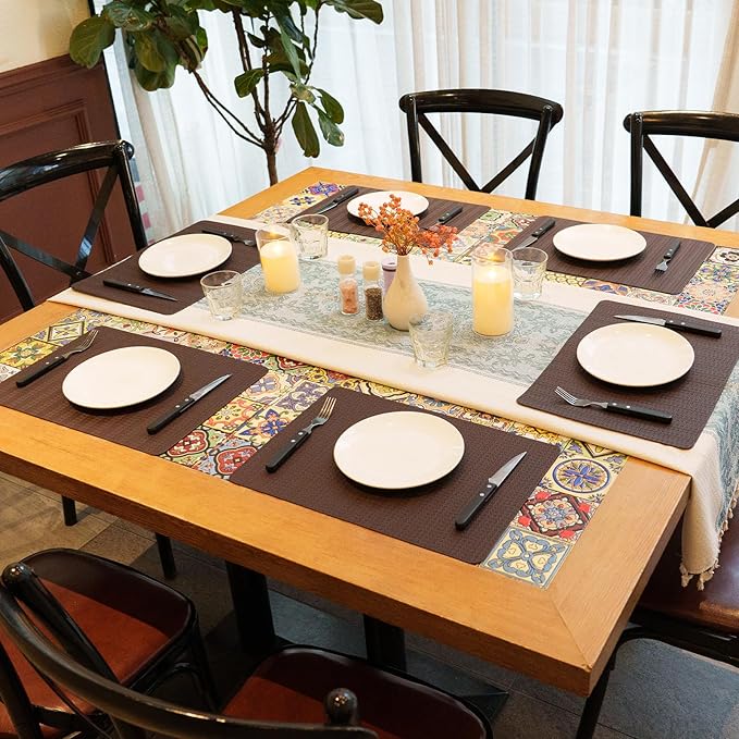 Faux Leather Placemats Set of 4 – 17x12 Inch Vinyl Table Mats, Heat Resistant, Non Slip, Wipeable & Washable, Easy to Clean Dining Table Decor for Kitchen & Dining Room（Dark Brownish Black）