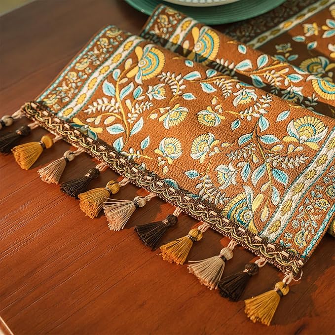 13×72 Inch Table Runner, Retro-Luxury Tassels Series for Kitchen Dining Table Holiday Decoration (Coffee Branch)