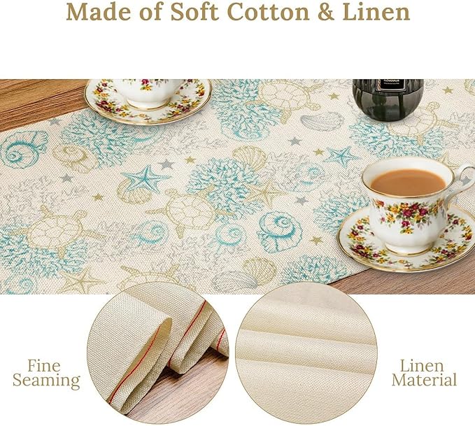 Ocean Coastal Table Runner, Nautical Summer Beach Coral Sea Turtle Table Runner for Kitchen Coffee Dining Bedroom Living Room Dinner 13x36in