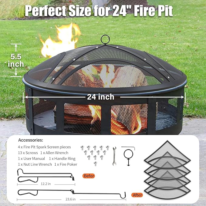 Fire Pit Spark Screen, Upgraded 24 Inch Outdoor Fire Pit Screen with Handle & Poker, Heavy-Duty Steel Fire Pit Cover Round Mesh Replacement Firepit Screen for Backyard/Beach/RV Camping
