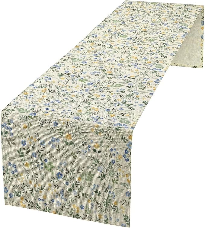 Rustic Flower Table Runner, Spring Sage Green Eucalyptus Leaves Watercolor Floral Flower Plant Leaves Print Table Cover for Dinning Holiday Home Picnic Party Decor, 13x108inch