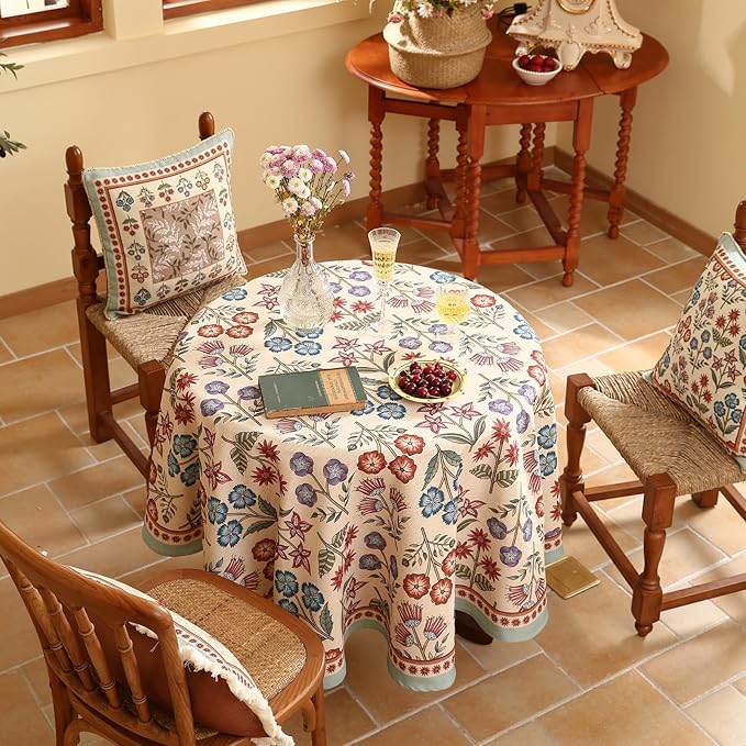 French Linen Small Round Tablecloth,Vintage Colorful Multiple Prints Soft and Durable Tablecloths,Decor Table Cover for Kitchen,Dining,Party,Thanksgiving,Christmas,Diameter 55"-Lohi