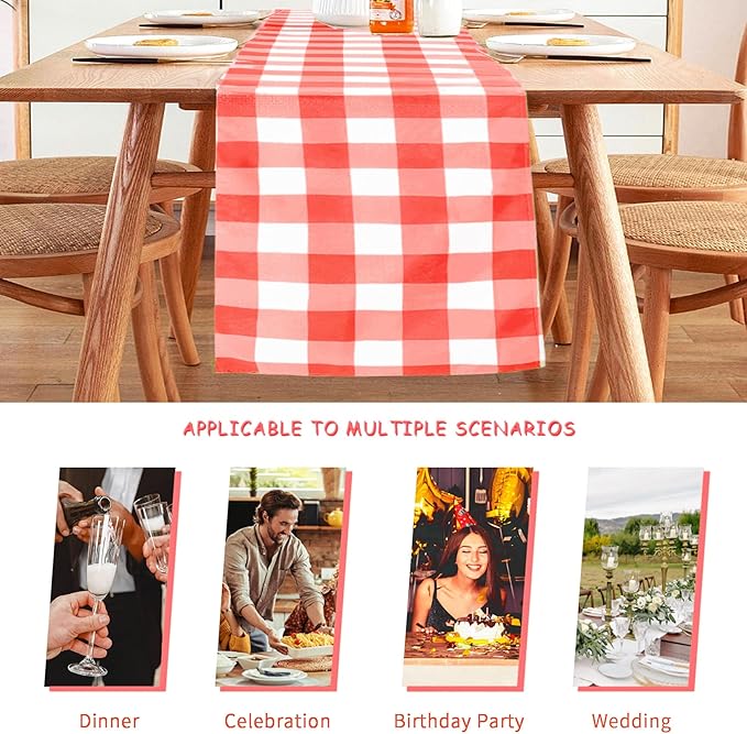 Fabric Checkered Table Runner 6 Pack Waterproof Gingham Table Runner 14W x 108L Buffalo Check Table Runners for Parties Kitchen Dining Wedding Banquet (Red and White)