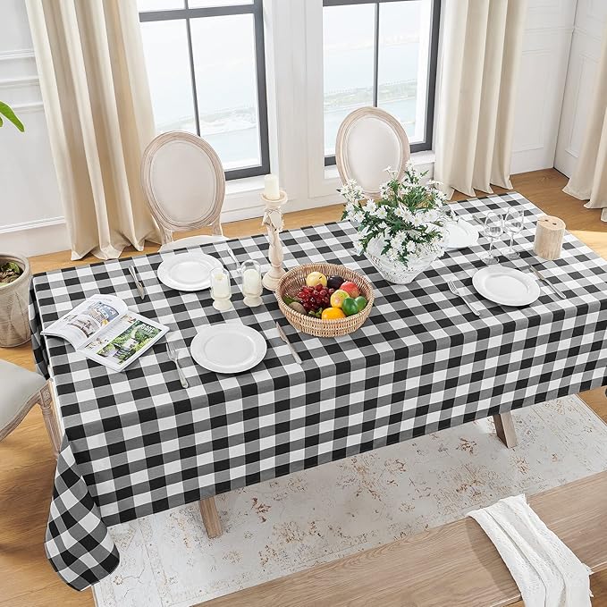 Softalker Gingham Checkered Tablecloth Rectangle - Outdoor Waterproof Buffalo Plaid Table Cloth, Stain Resistant Washable Table Cover for Picnic, Camping, Dining - Black and White, 54 x 120 Inch