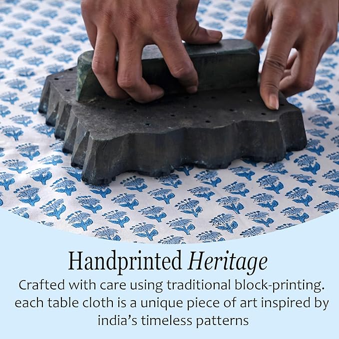 CPC Tablecloth 100% Cotton 72x190 Inch Indian Block Print Rectangle Table Cover, Blue Table Cloth for Weddings, Spring/Summer, Barbeque - Apatite Blue