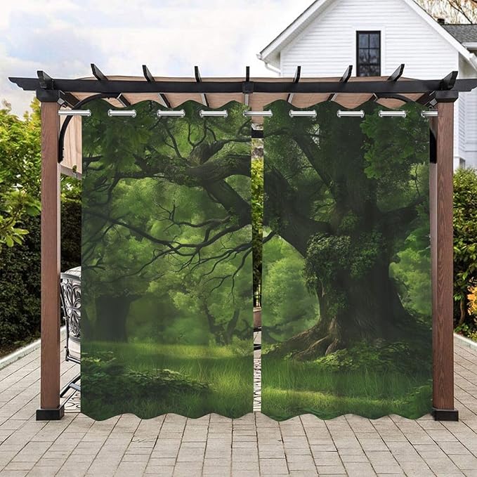 Nature Theme Waterproof Outdoor Curtains for Patio,Forest Pattern,Privacy Curtains for Porch Pergola Arbor Lanai Pool House Outside Deck,2 Panels,54 x 84 inch,Green