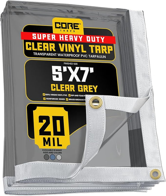 Core Tarps 20 Mil Extreme Heavy Duty Clear Tarp with Gromments - 5x7ft Super Clear Tarps Heavy Duty Waterproof Vinyl Tarpaulin, Transparent Tarp for Outdoor, Camping & Construction, Clear Grey