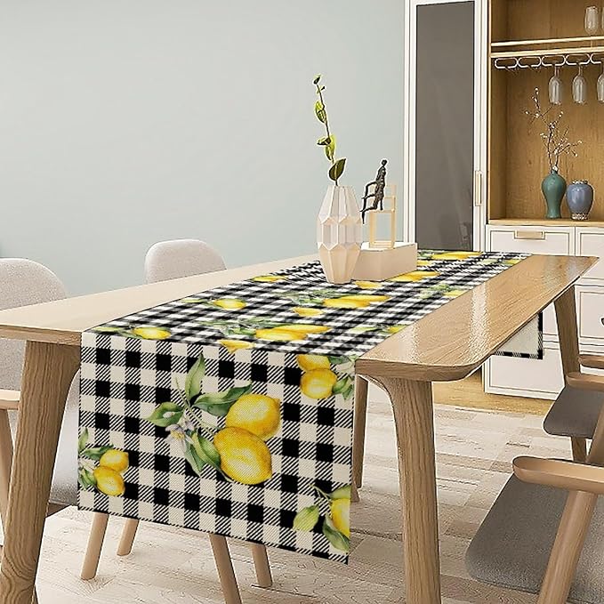 Fresh Lemon Table Runner, Yellow Lemon Black White Buffalo Check Plaid Table Runner for Farmhouse Coffee Home Kitchen Dining 13x120in