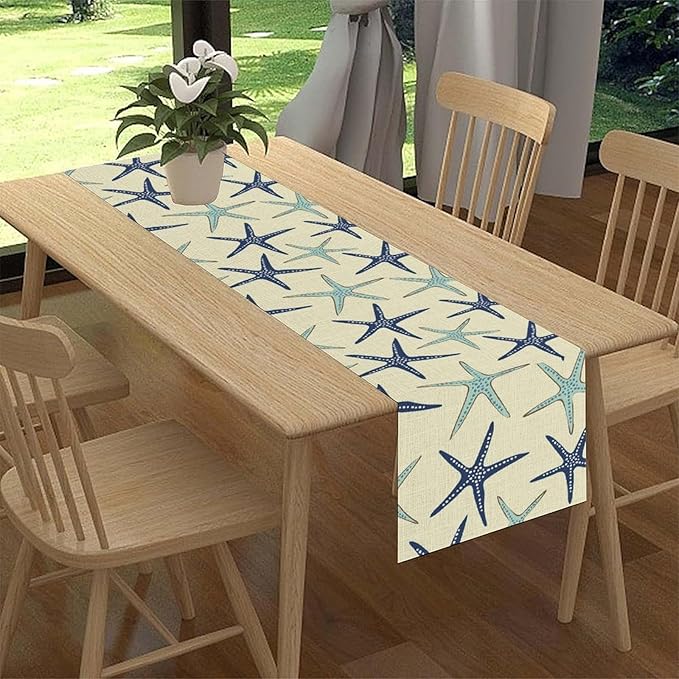 Blue Starfish Table Runner,Nautical Beach Ocean Table Runner Seasonal Holiday Home Kitchen Dining Table for Home Party Decor 13"x108"