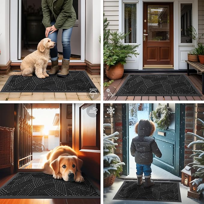 Smiry Front Door Mat Outside Entrance, Heavy Duty Sturdy Natural Rubber Doormat, Trap Dirt and Moisture, Easy Clean Low Profile Mats for Indoor Outdoor Entry, Interwoven Stripes (29.5x17, Black)