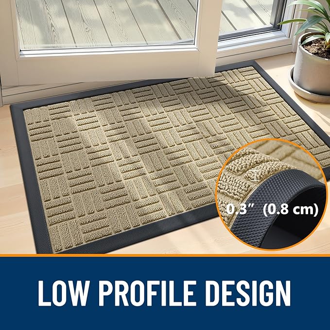 OLANLY Front Door Mat Outside Entrance 59x34, Absorbent, Heavy Duty Sturdy Natural Rubber Doormat Indoor Outdoor, Stain and Fade Resistant, Non-Slip Backing Low Profile Floor Mat for Entryway, Beige