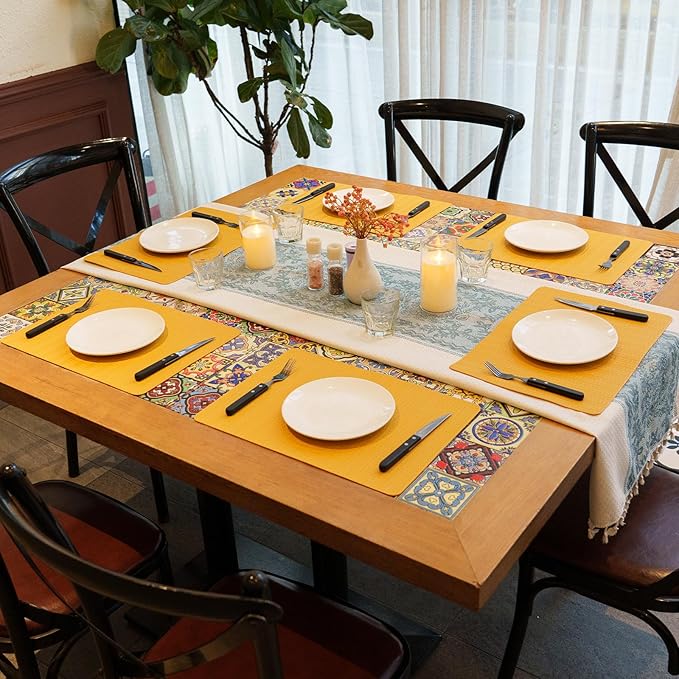Faux Leather Placemats Set of 6 – 17x12 Inch Vinyl Table Mats, Heat Resistant, Non Slip, Wipeable & Washable, Easy to Clean Dining Table Decor for Kitchen & Dining Room（Golden Yellow）