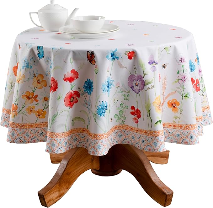 Maison d' Hermine Table Cloth Round Table 100% Cotton 63 Inches Tablecloth Reusable Decorative Everyday Use for Dining Room, Farmhouse, Home, Party, Festive & Wedding Spring Summer - Summer Whisper