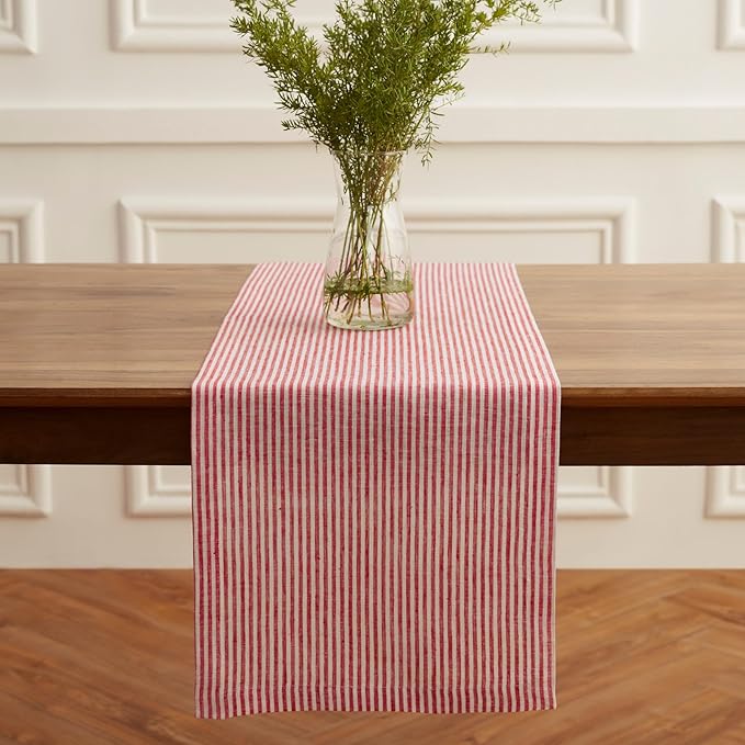 Solino Home Linen Table Runner 120 Inches Long - Narrow Stripe, 100% Pure Linen Red and White Table Runner 14 x 120 Inch for Dining, Valentines, Winter, Spring, Easter