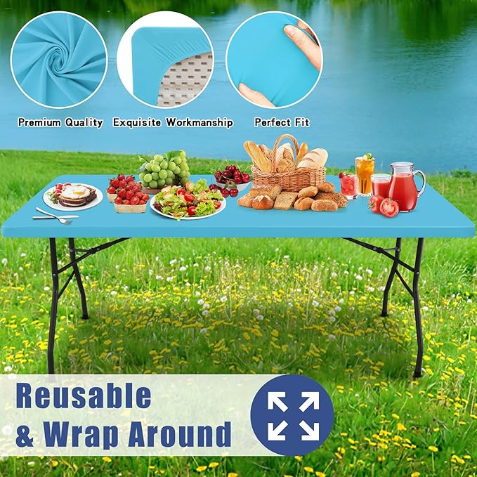 Spandex 8 Foot Rectangle Table Cloth 6 Pack, Elastic Fitted Tablecloths for Picnic, Stretch Washable Patio Table Cover for Outdoor, Camping, Banquet and Parties (Blue Mist, 30"x96")