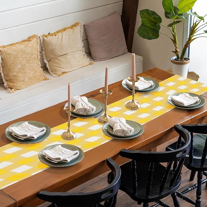 Fabric Checkered Table Runner 1 Pack Waterproof Gingham Table Runner 14W x 108L Buffalo Check Table Runners for Parties Kitchen Dining Wedding Banquet (Yellow and White)