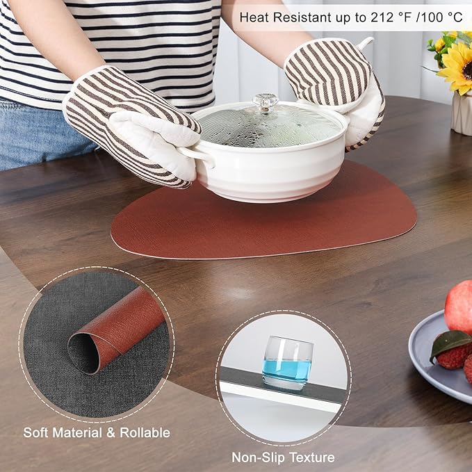 Placemats and Coasters, Washable Reversible Placemats Round Faux Leather Wipeable Place Mats Non Slip Heat Resistant Indoor Outdoor Table Mats (Set of 6, Gray Terracotta)