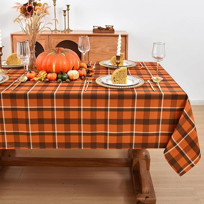 Gingham Plaid Tablecloth - Rectangular 58x102 Inch Water Resistant Thanksgiving Table Cloth for Indoor/Outdoor Use - Seasonal Fall Harvest Table Cover for Halloween, Picnics, and Parties