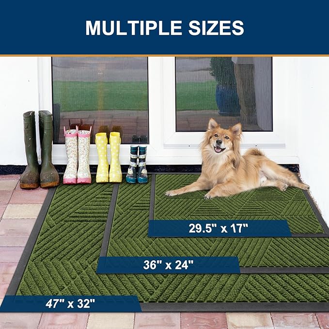 Smiry Front Door Mat Outside Entrance, Heavy Duty Sturdy Natural Rubber Doormat, Trap Dirt and Moisture, Easy Clean Low Profile Mats for Indoor Outdoor Entry, Irregular Triangle (36x24, FST-Green)