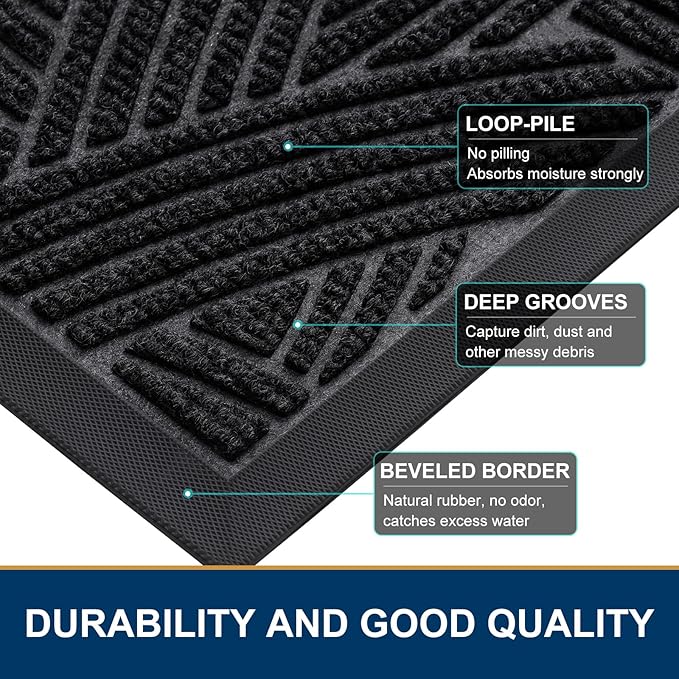 Smiry Front Door Mat Outside Entrance, Heavy Duty Sturdy Natural Rubber Doormat, Trap Dirt and Moisture, Easy Clean Low Profile Mats for Indoor Outdoor Entry, Interwoven Stripes (29.5x17, Black)