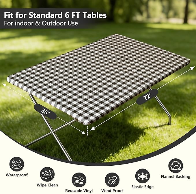 Rectangle Picnic Table Cloth, Elastic Waterproof Fitted Vinyl Tablecloths for 6 Foot Tables, Wipeable Flannel Backed Table Covers for Dining, Camping, Outdoor(Black Plaid,36"x72")