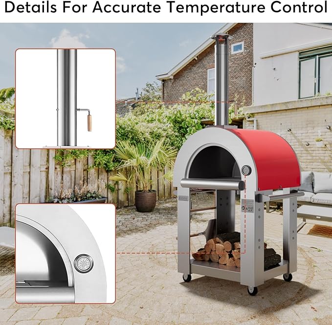 Empava Pizza Oven with Open Shelf and Wheels for Outdoor Kitchen, Wood Fire for Grill & Camping Backyard Party in Stainless Steel, 38.6Inch, Italian Red