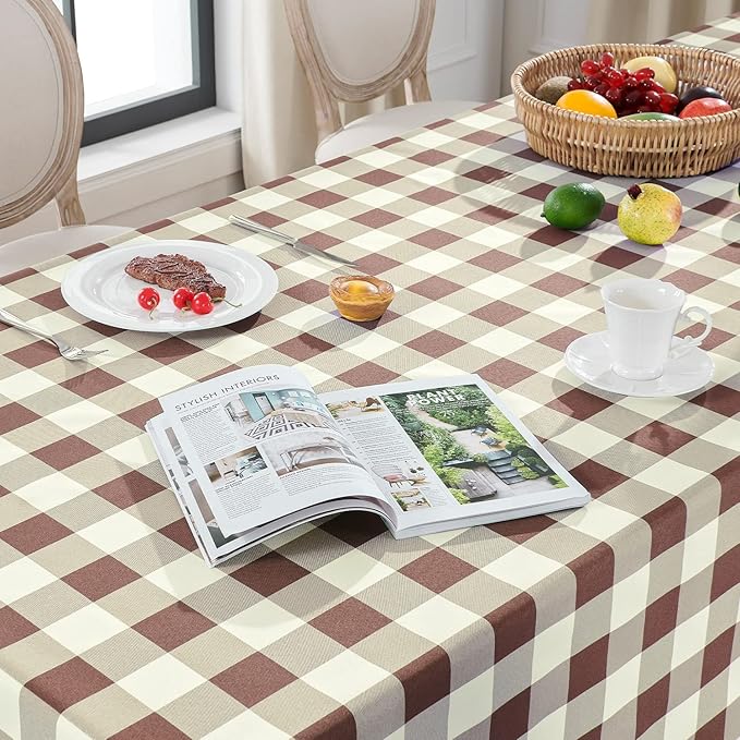 Softalker Gingham Checkered Tablecloth Rectangle - Outdoor Waterproof Buffalo Plaid Table Cloth, Stain Resistant Washable Table Cover for Picnic, Camping, Dining - Coffee and White, 60 x 120 Inch