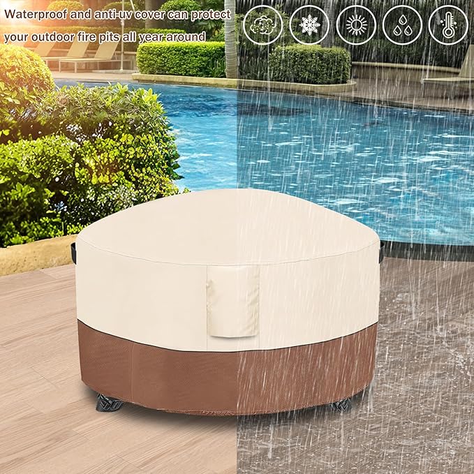 Fire Pit Cover,Outdoor Heavy Duty 600D 100% Waterproof Fire Pit Cover Round,Weatherproof Firepit Covers Round 54" Dia x 24" H,Beige & Brown