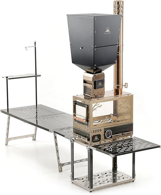 M8 Pellet Stove Pro with Pellet Burner/Oven/Base/Camping Table—Portable Stainless Steel IGT Hot Tent Stove, Includes 6 Chimney Pipes, Suitable for Outdoor Camping and Cooking