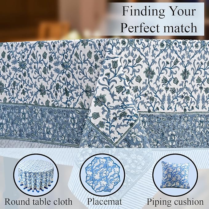 CPC Ocean Vine Tablecloth 100% Cotton 72x160 Inch Indian Block Print Rectangle Table Cover, Table Cloth for Gifting in Weddings, Halloween, Fall, Christmas, Thanksgiving