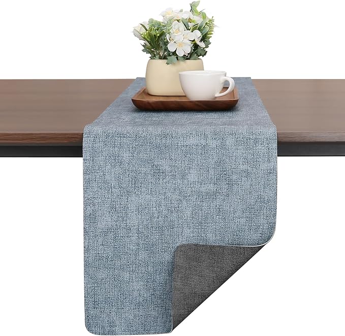 Table Runners 55 Inches Long, Dual-Sided Faux Leather Farmhouse Table Runner Waterproof Heatproof Non-Slip for Living Room Party Home Decor Holiday Decorations(Gray Light Blue, 15 x 55 Inch)