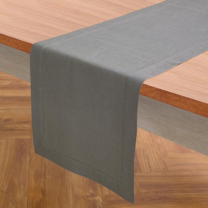 Solino Home Linen Steel Gray Hemstitch Table Runner 48 Inches - 100% Pure Linen Small Table Runner 14 x 48 Inch Ideal for Dresser and Coffee Tables, Spring - Classic Hemstitch