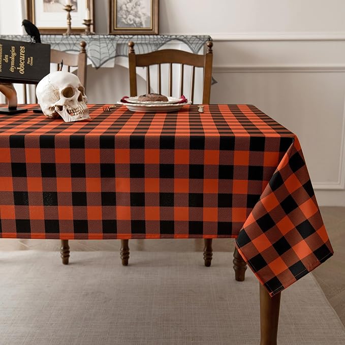 Waterproof Gingham Festive Tablecloth Fabric - Oblong 52x70 Inch Classic Buffalo Tartan Autumn Table Cloth for Outdoor Use - Halloween Coloring Tabletop Cover for Dinner, BBQs, and Parties